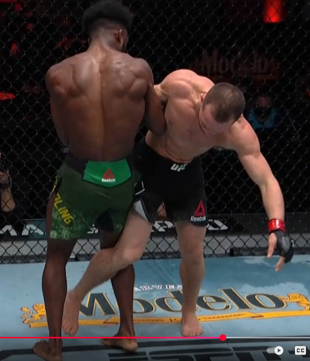 Petr Yan using a sweep to take down Aljamain Sterling.